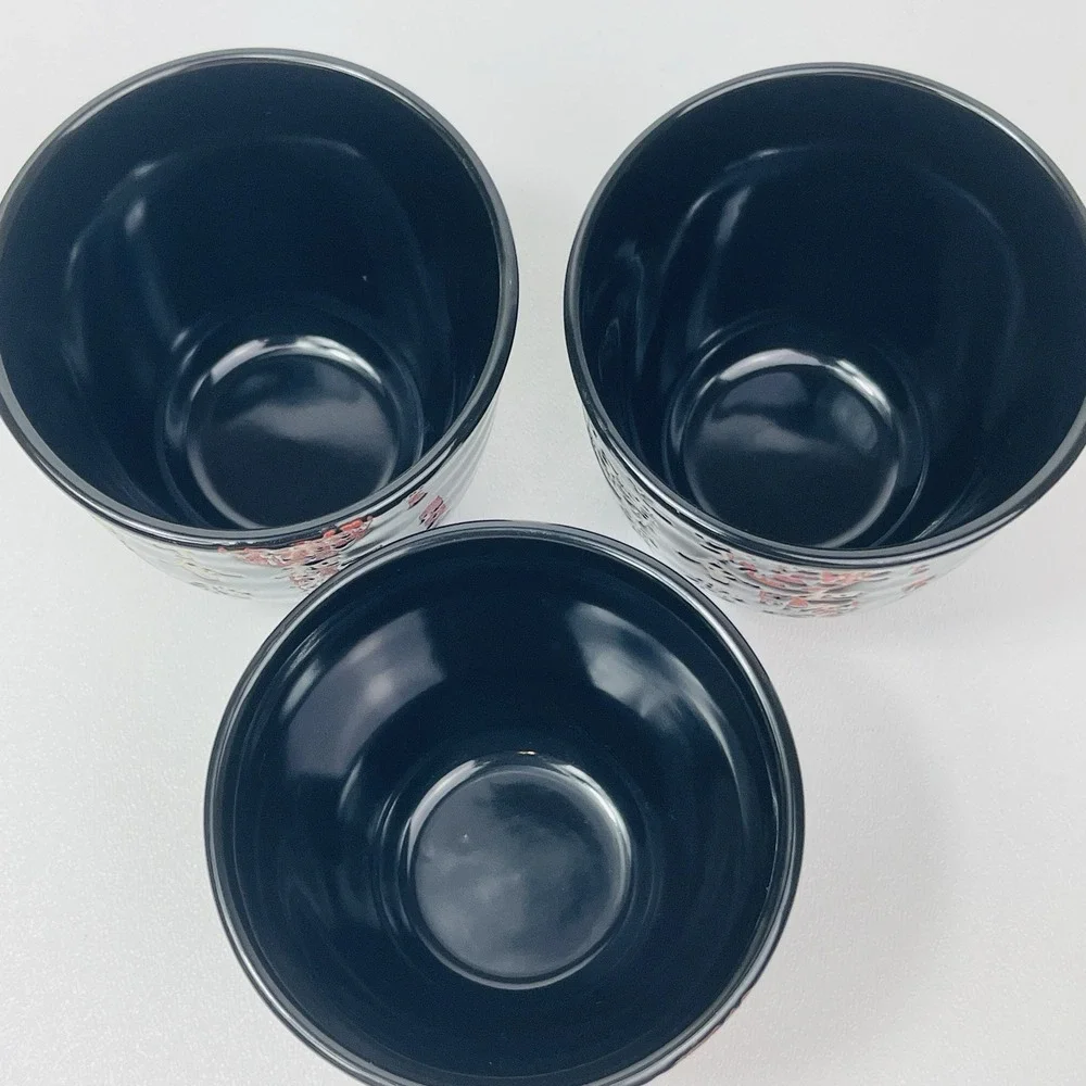 La Dolce Vita JJG Designs Black Chinese Writing Tea Cups Set Of 3 White Red Seal